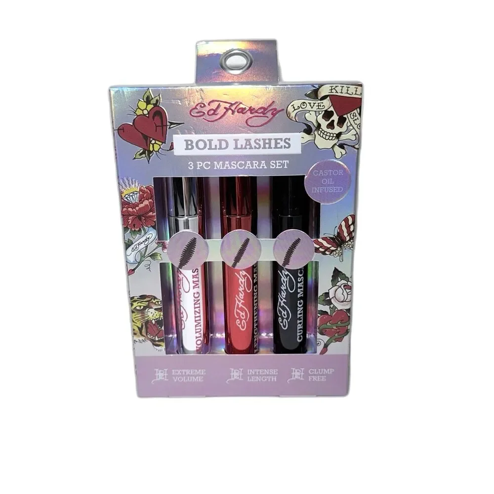 Ed Hardy Bold Lashes 3Pc Mascara Set W/Castor Oil infused Clump Free New In Box